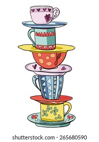 Stack bright colored funny cups   saucers  Vector illustration