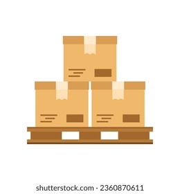 Stack brown cardboard paper parcel box on wooden pallet icon flat vector design
