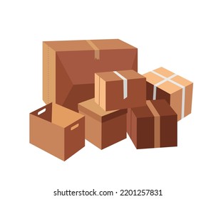 Stack of brown carton boxes, for moving stuff and relocating home or office, isolated on white vector illustration in flat style