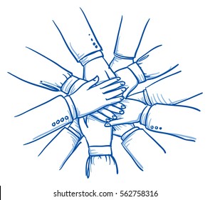 Stack of business hands, concept for teamwork, collaboration. Hand drawn line art cartoon vector illustration.