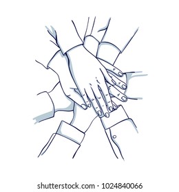 Stack of business hands. Team together. Hand drawn doodle cartoon vector illustration.
