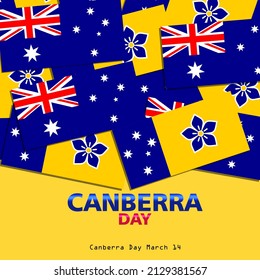 stack of canberra flags and australian flags and words on yellow background, Canberra Day March 14 svg
