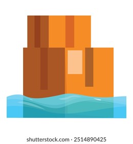 Stack of cardboard boxes floating on water surface, delivery and shipping problem concept