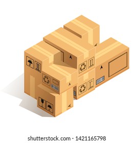 Stack of cardboard boxes isolated on white background. Concept of packing goods or moving. Vector illustration.