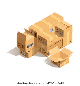 Stack of cardboard boxes isolated on white background. Concept of packing goods or moving. Vector illustration.