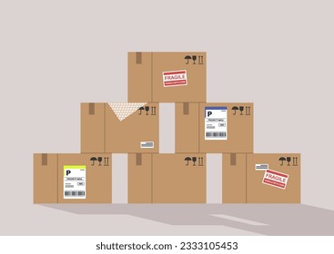 A stack of cardboard boxes with labels ready to shipping, a delivery company