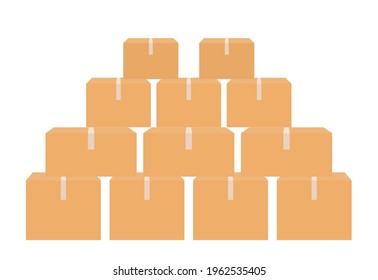 A stack of cardboard boxes, a mountain of packages. Carton parcels and delivery packages pile, flat warehouse goods and cargo transportation. Vector isolated sealed boxes on white background. Flat sty