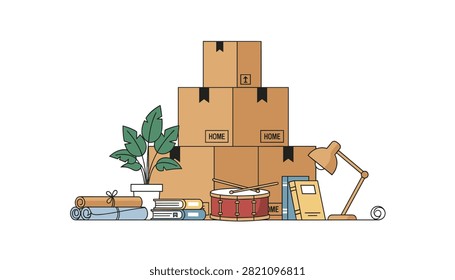 Stack of cardboard moving boxes with home plants, drum, books, and desk lamp isolated on white background.
