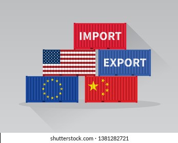 Stack of cargo containers with import export from USA, European and China, Trade concept.