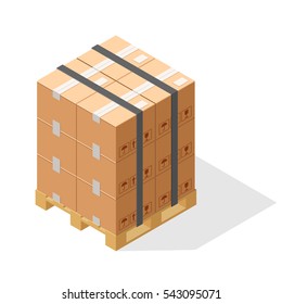 Stack of cartons on wooden pallets. Isometric graphics isolated on white background.
