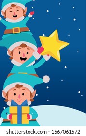 stack of cartoon christmas elves with star and gift box over winter night background, colorful design , vector illustration