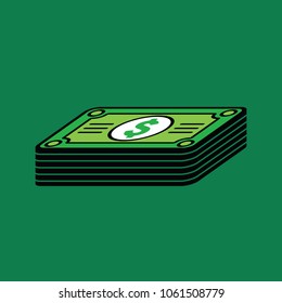 A stack of cartoon dollar bills on a green background.