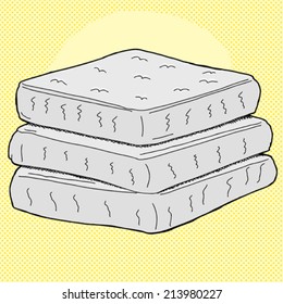 Stack of cartoon mattresses over yellow halftone background