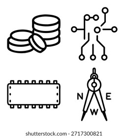 Pilha de moedas de dinheiro, rede de circuito digital, componente de microchip de hardware e divisor de bússola de navegação conjunto de ícones