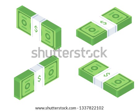 Stack of cash dollar bills. Paper money icon on white background. Isometric design. Vector illustration