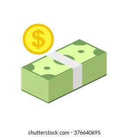 Stack of Cash and Gold Coin Icon in flat style isolated on white background. Money Vector Illustration