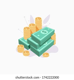 Stack of cash with gold coins and dollars. Vector illustration.