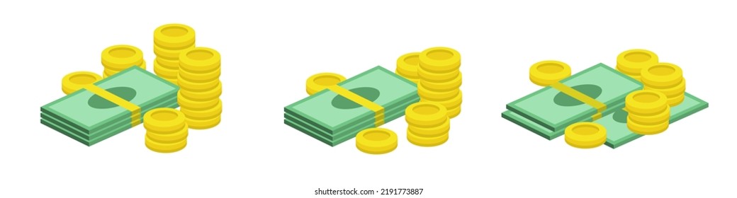 Pila de efectivo y monedas de oro. Mucha de dinero en efectivo. Clipart de color vectorial aislado en fondo blanco.