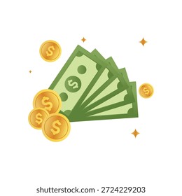 Pilha de dinheiro e moedas de ouro Conceito para poupança, investimento e riqueza, design do vetor do dinheiro: dinheiro, dólares e moedas para projetos financeiros