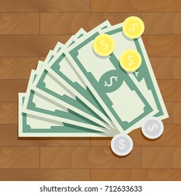 Stack of cash icon. Fan of banknotes and silver and golden coins on wooden table. Vector illustration