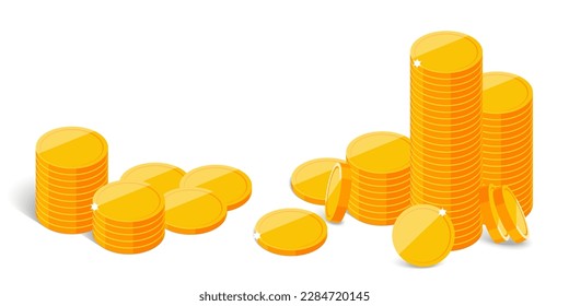 Stack of cash isolated on white background. Gold metal coins, big pile of money, jackpot concept, win, luck, wealth. Flat modern vector illustration.