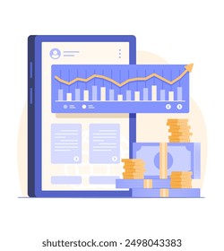 Stack of Cash Money and Mobile Phone with Trading Graph Report for Online Investment Concept Illustration