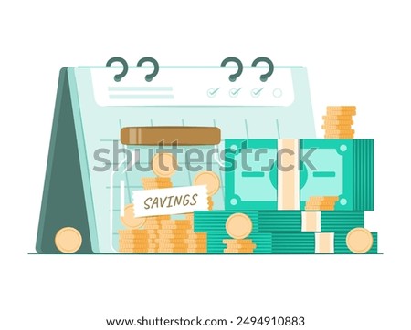 Stack of Cash Money, Savings Pot and Calendar for Savings and Financial Discipline Concept Illustration