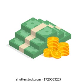 Stack of cash symbol flat style isometric illustration. Gold coins with dollar sign. eps-10 vector illustration.