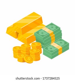 Stack of cash symbol flat style isometric illustration. Gold Bars Pile, Dollars Bundles, Gold coins with dollar sign. Money, Dollar, Pile, Gold Coins. eps-10 vector illustration.