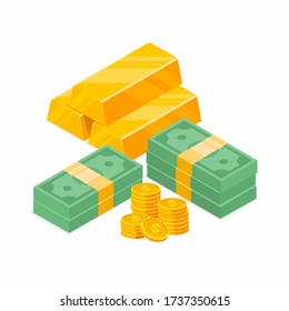 Stack of cash symbol flat style isometric illustration. Gold Bars Pile, Dollars Bundles, Gold coins with dollar sign. eps-10 vector illustration.