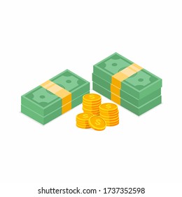 Stack of cash symbol flat style isometric illustration. Gold coins with dollar sign. Vector eps-10.