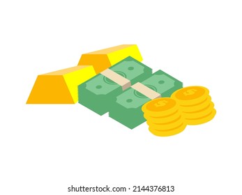 Stack Of Cash Symbol Flat Style Isometric Illustration. Gold Bars Pile, Dollars Bundles, Gold Coins With Dollar Sign. Money, Dollar, Pile, Gold Coins.