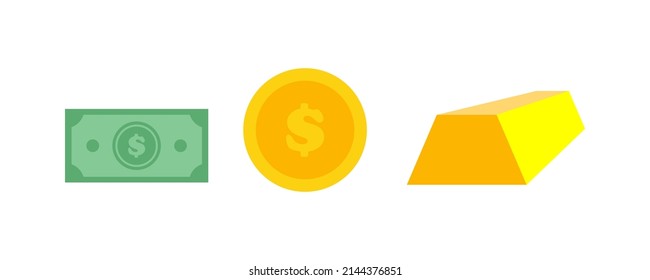 Stack Of Cash Symbol Flat Style Isometric Illustration. Gold Bars Pile, Dollars Bundles, Gold Coins With Dollar Sign. Money, Dollar, Pile, Gold Coins.