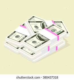 Stack of Cash.  Vector Illustration. Hundreds of dollars.