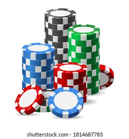 Stack of casino chips. Realistic heap of plastic tokens for poker or roulette, vector illustration of gaming color elements isolated on white background