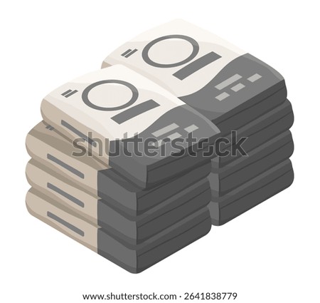 Stack of cement bags in isometric style representing construction materials for building foundation infrastructure and industrial use