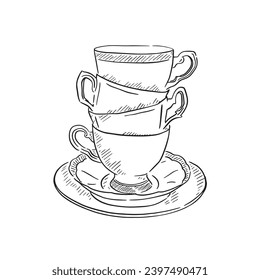 A stack of china cups on saucers. Black and white line drawing, drawn by hand in a sketchy style. 