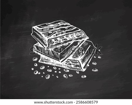Stack of chocolate bars with crumbs in sketch style on chalkboard  background