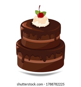 Stack of chocolate cake with vanilla ice cream topping and cherry, flat design of sweet and dessert 