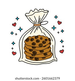 A stack of chocolate chip cookies inside transparent plastic bag, sealed with delicate ribbon or twist tie at the top, surrounded by delicate, cheerful details like tiny hearts and sparkles.