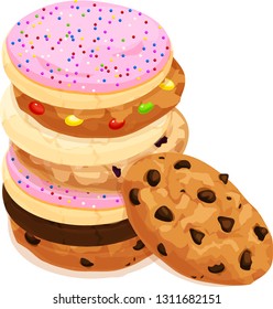 Stack of chocolate chip, sugar, pink Icing and sprinkles, fudge, and candy cookies. Isolated vector illustration.