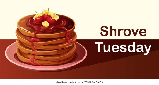 Stack of chocolate pancakes with cherry syrup and text Shrove Tuesday. Greeting banner, postcard for Pancake Day