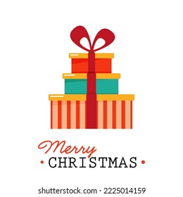 Pila de regalos de Navidad con arco y letras Feliz Navidad con fondo blanco