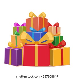 Stack of christmas gifts boxes for the New Year and other celebrations. Vector illustration.