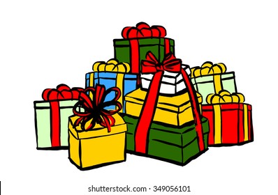Stack of Christmas gifts. Ink hand drawn sketch isolated n white. Clip art