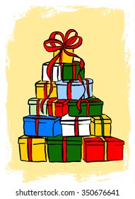 Stack of Christmas gifts. Ink hand drawn sketch. Greeting card