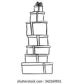 Stack Christmas gifts  Ink outline hand drawn sketch isolated white  Clip art