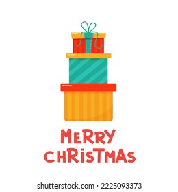 Stack of Christmas gifts and lettering Merry Christmas on white background