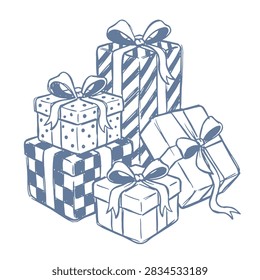 Stack of Christmas presents with bows and patterned wrapping, hand drawn holiday doodle