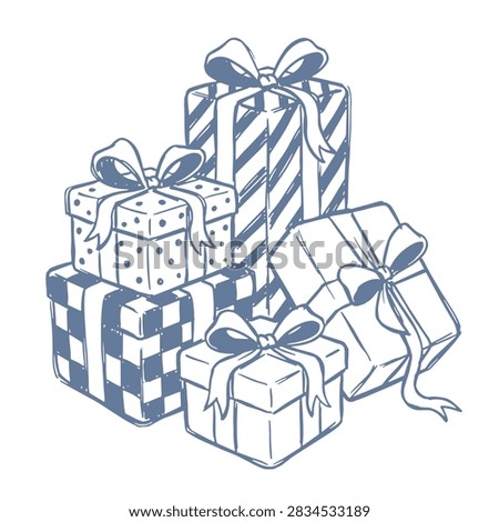Stack of Christmas presents with bows and patterned wrapping, hand drawn holiday doodle